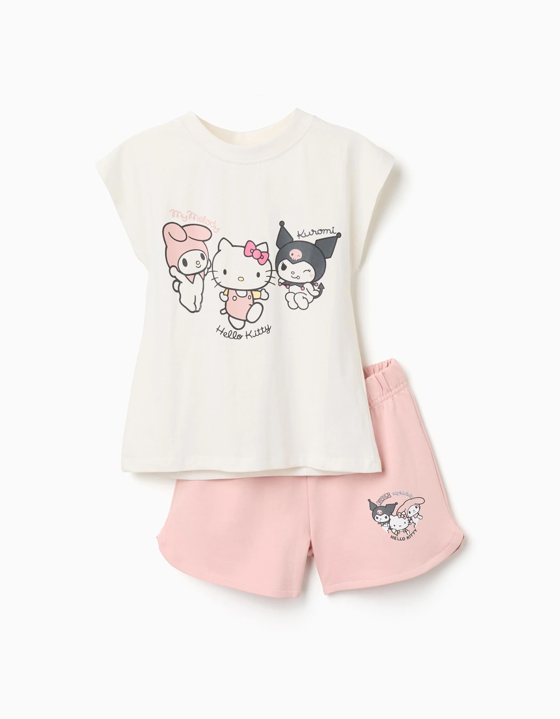 Cotton T-shirt + shorts set with Kuromi print for girls, white/pink