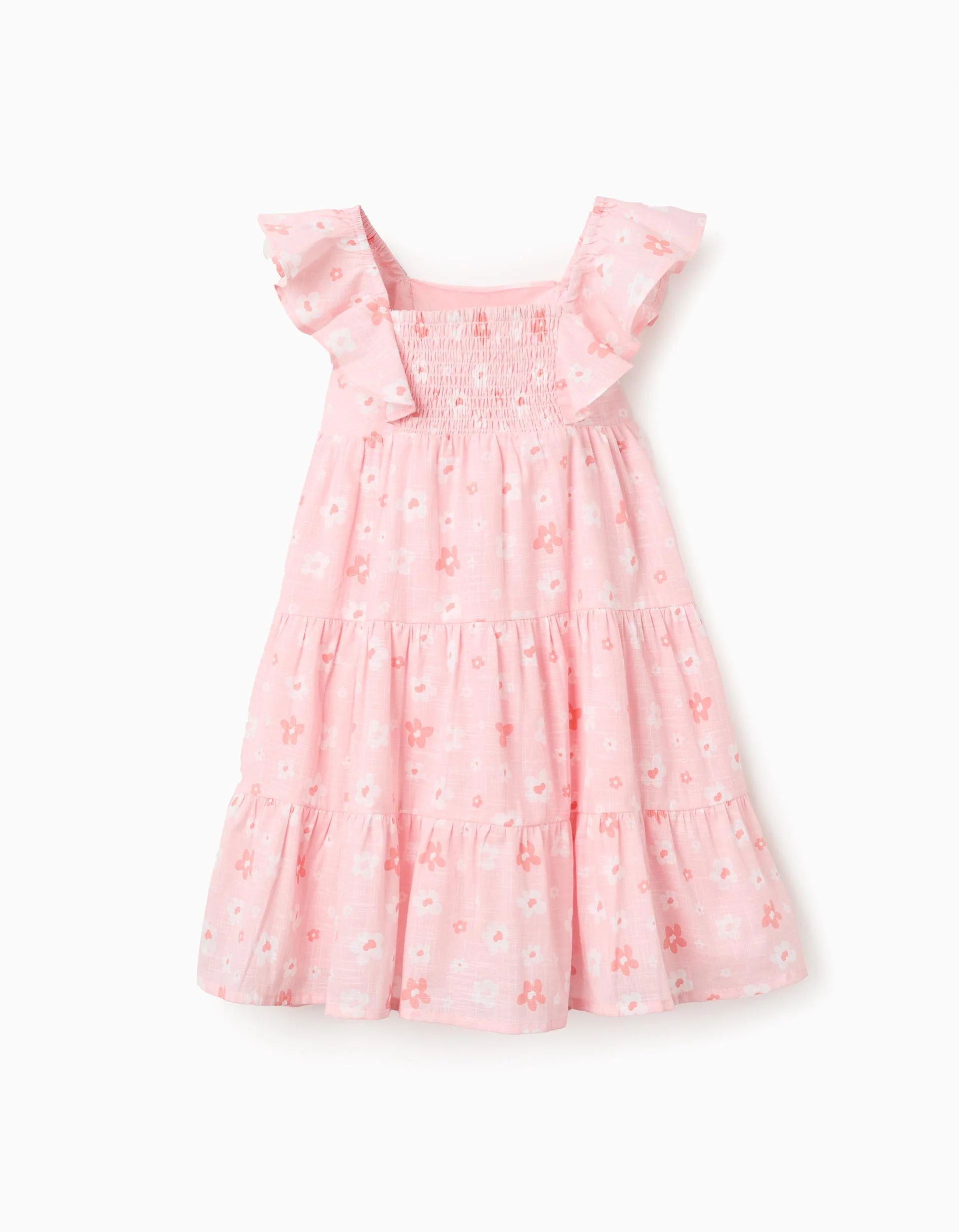 Cotton A-line dress with floral motif and ruffles for girls, pink