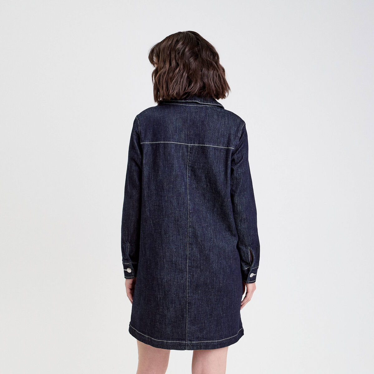 Robe droite courte col v en jean denim brut femme