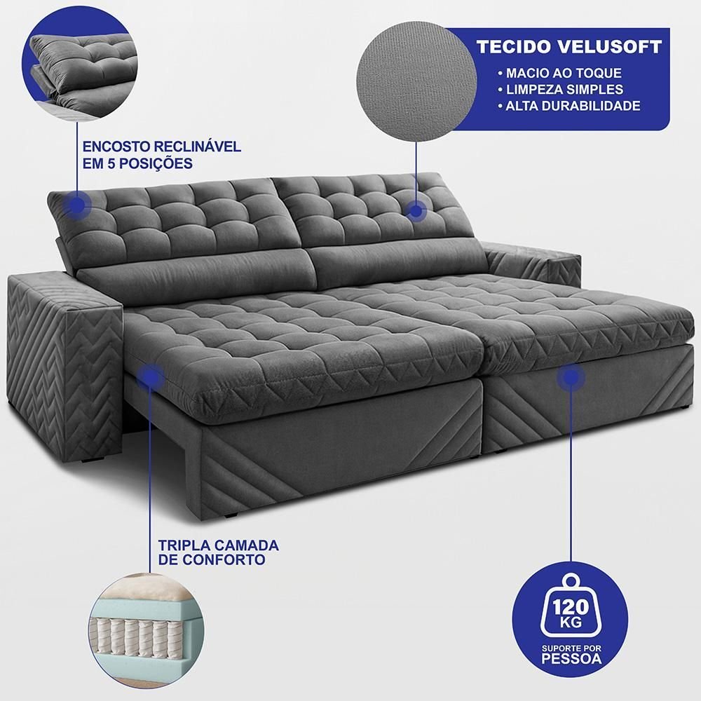 Sofá Retrátil e Reclinável 2,30m Molas Ensacadas Max Spring Velusoft Cinza Cama Inbox
