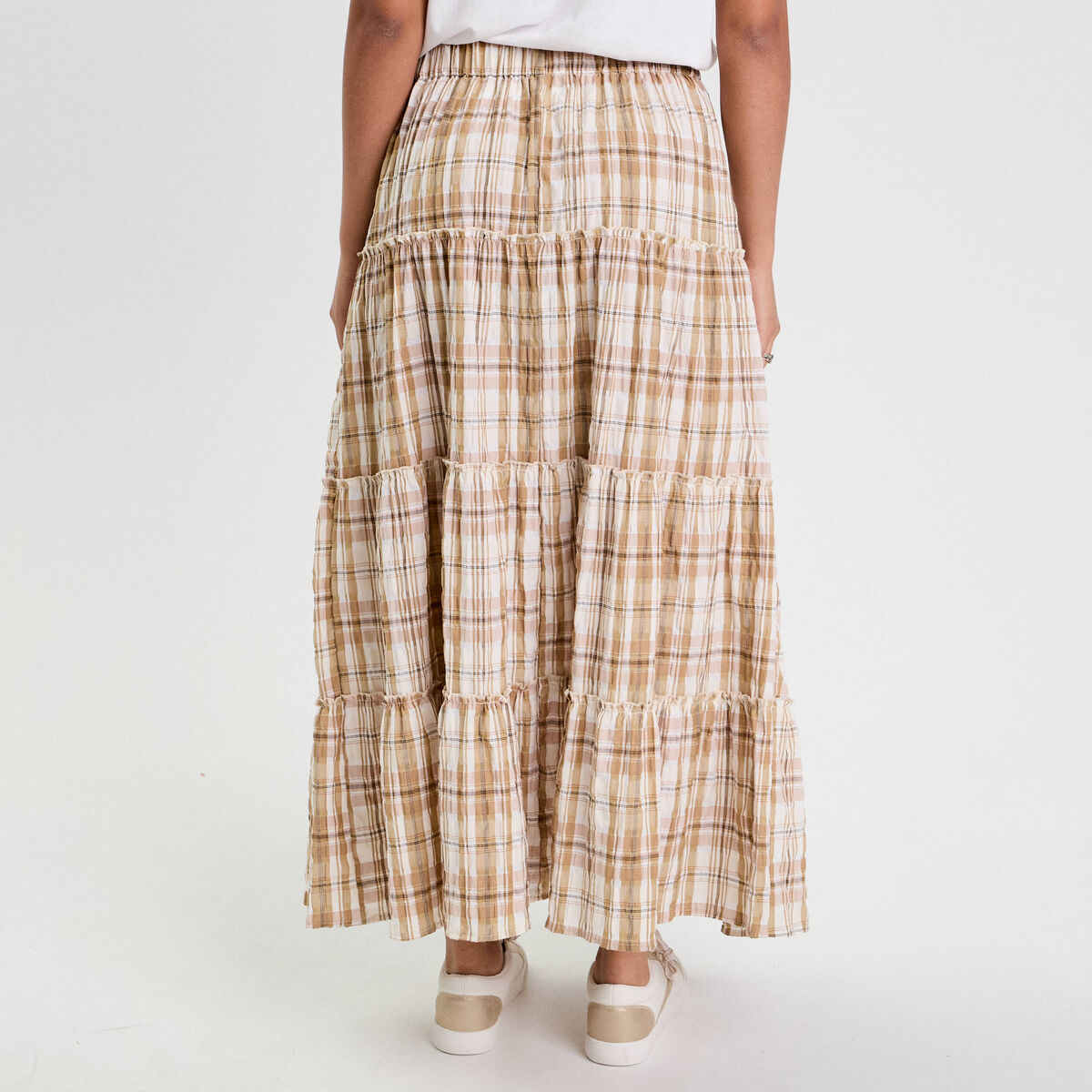 Jupe longue évasée volants camel femme