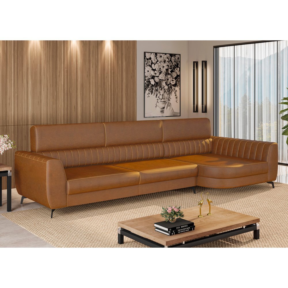 Sofá com Chaise 3 Lugares 260cm Flames Courino Caramelo - Sallar Home