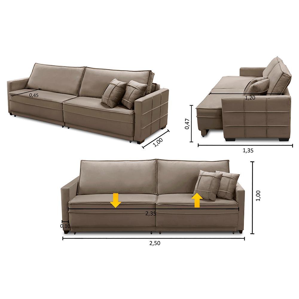 Sofá Sem Caixa Retrátil Reclinável 2,50m Karen Veludo Cappuccino Adonai Estofados