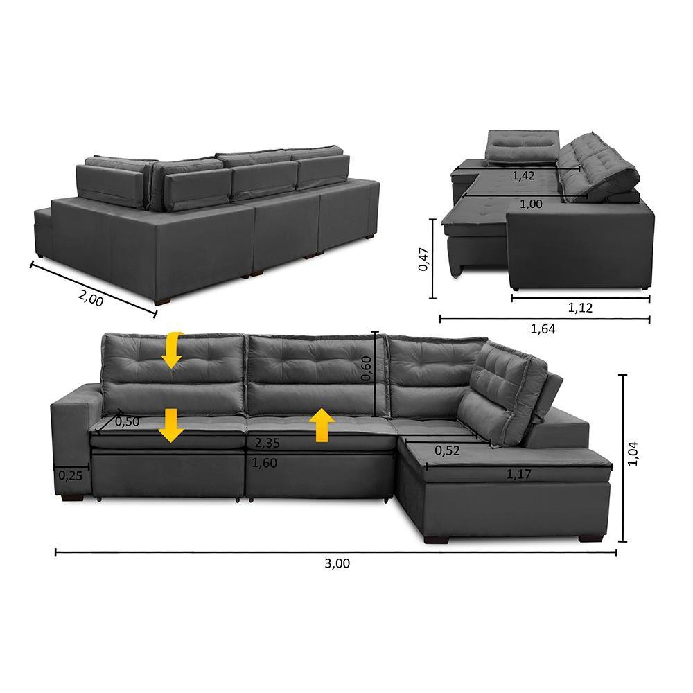 Sofá de Canto Retrátil e Reclinável com Molas 3,00x2,00 Virginia Suede Cinza Adonai Estofados