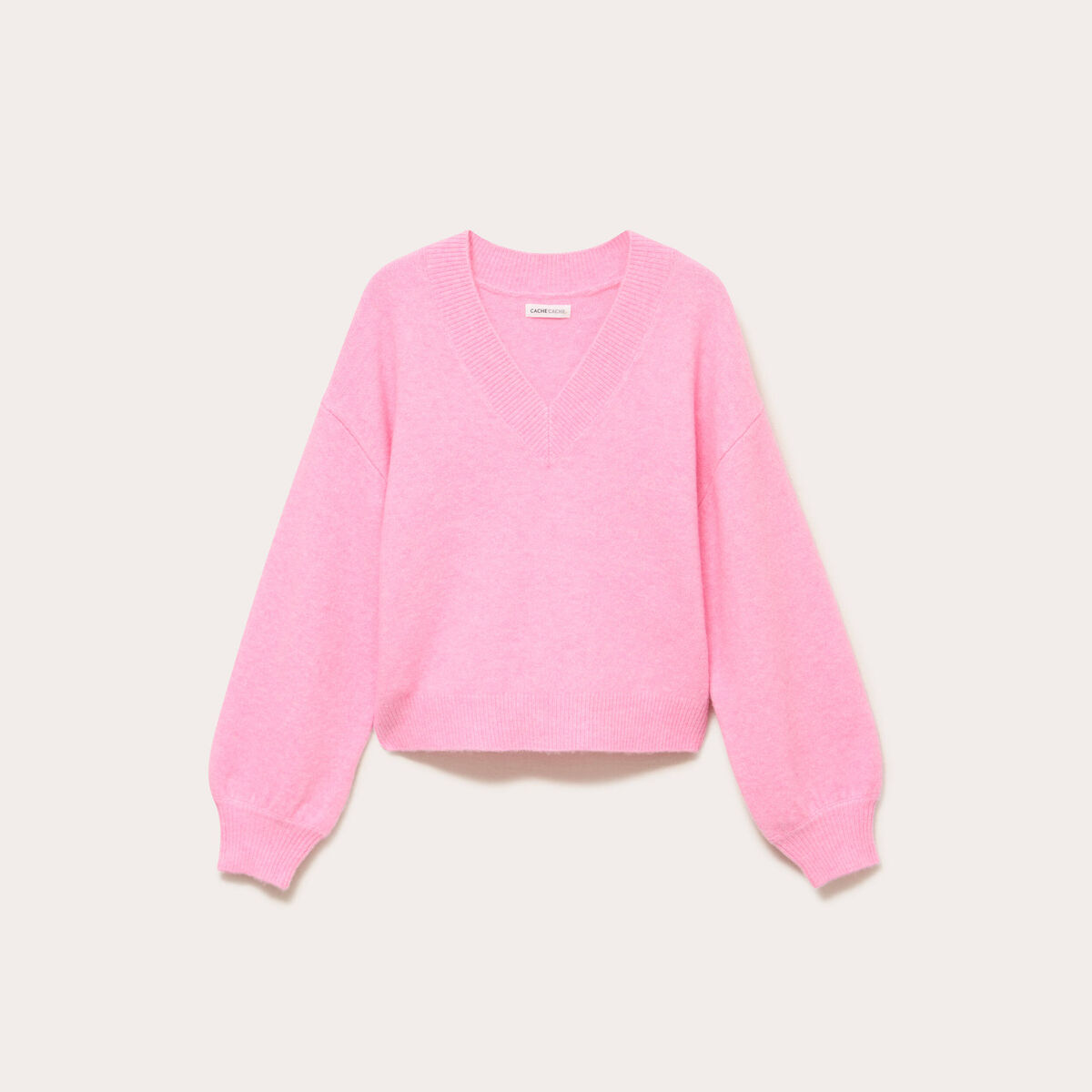 Pull col v manches longues rose femme