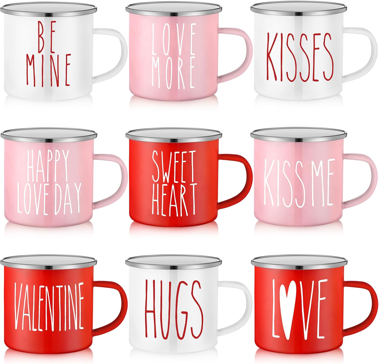 9 Pcs Valentine's Day Coffee Mugs 12 oz Valentine's Day Enamel Mug Romantic Coffee Mug Outdoor Camper Mug Kiss Love Sign Camping Tea Cup for Valentine's Day Party Campfire