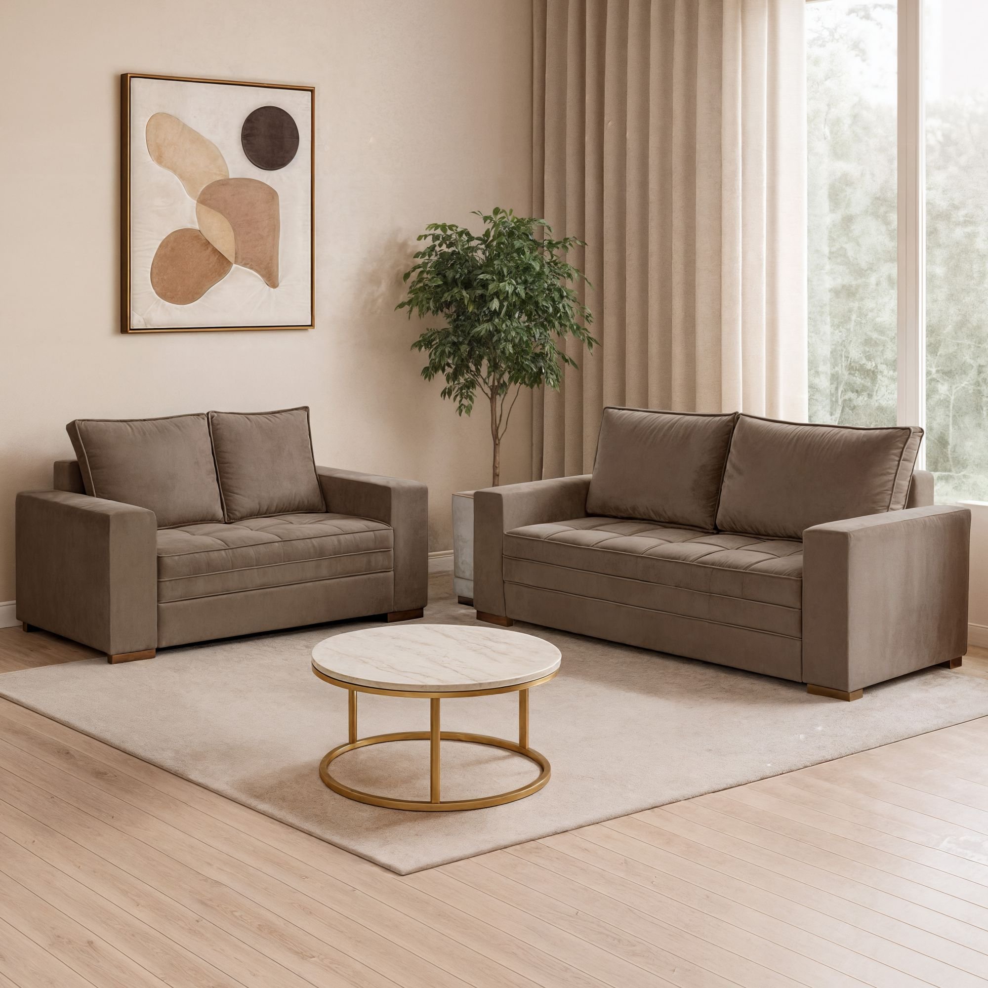 Conjunto Sofá 3 e 2 Lugares Classico Suede Bege Urban Pés Madeira