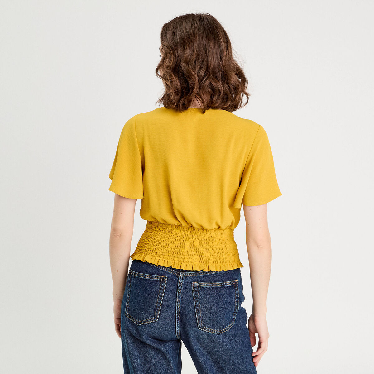 Blouse smockée manches courtes jaune citron femme
