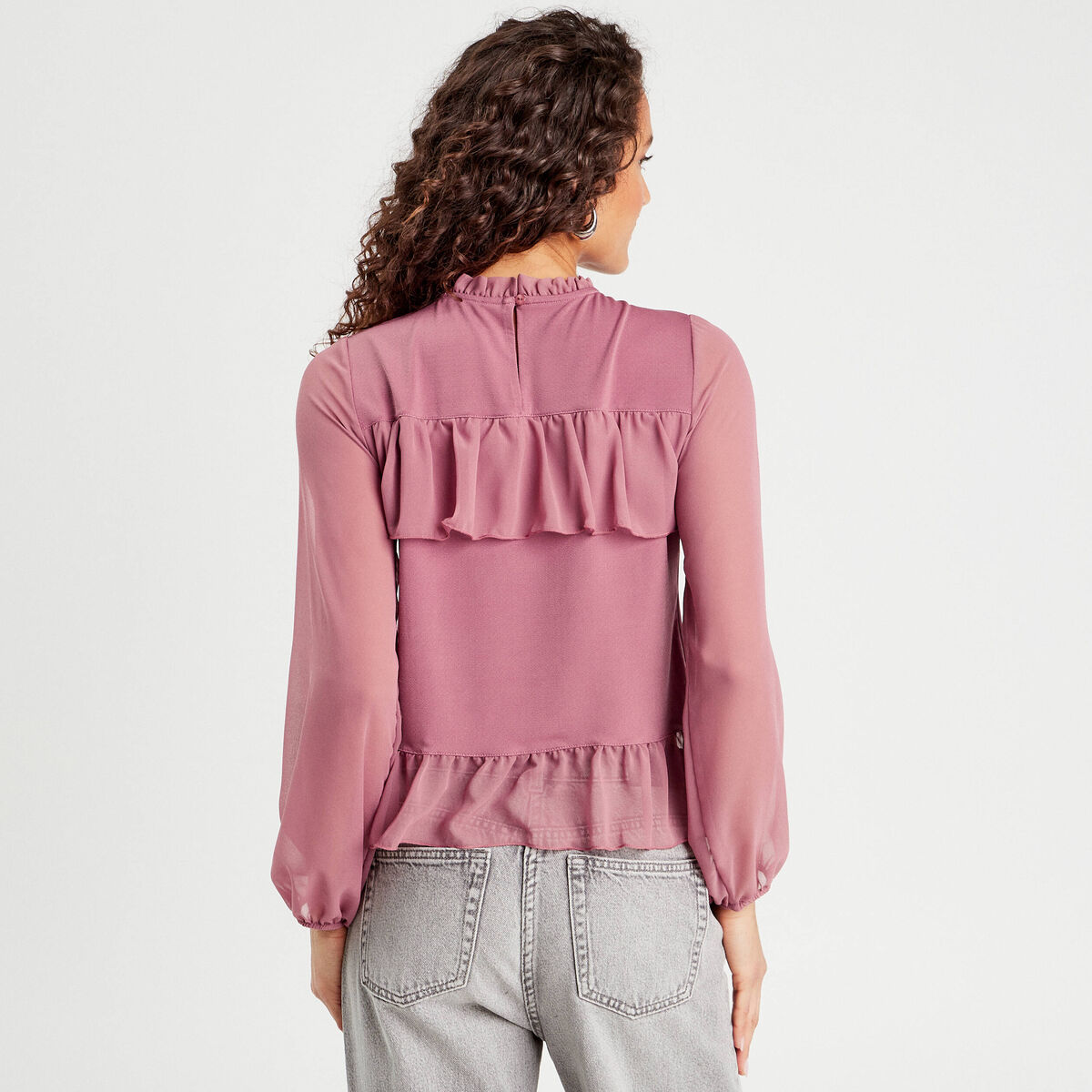 Blouse volants vieux rose femme