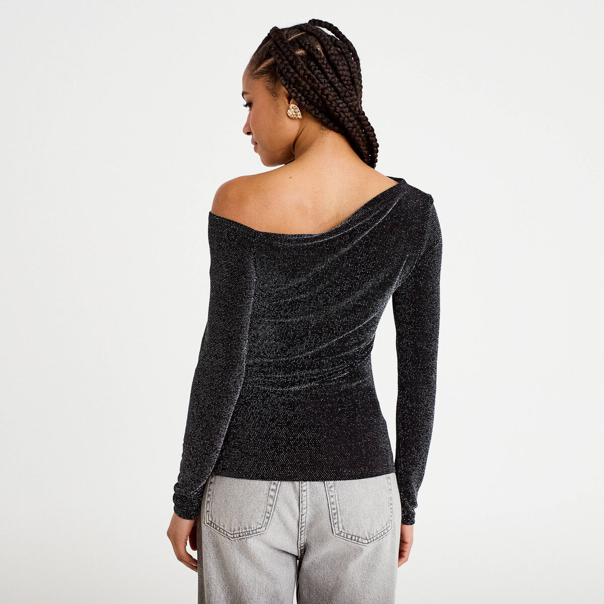 T-shirt asymétrique brillant noir femme