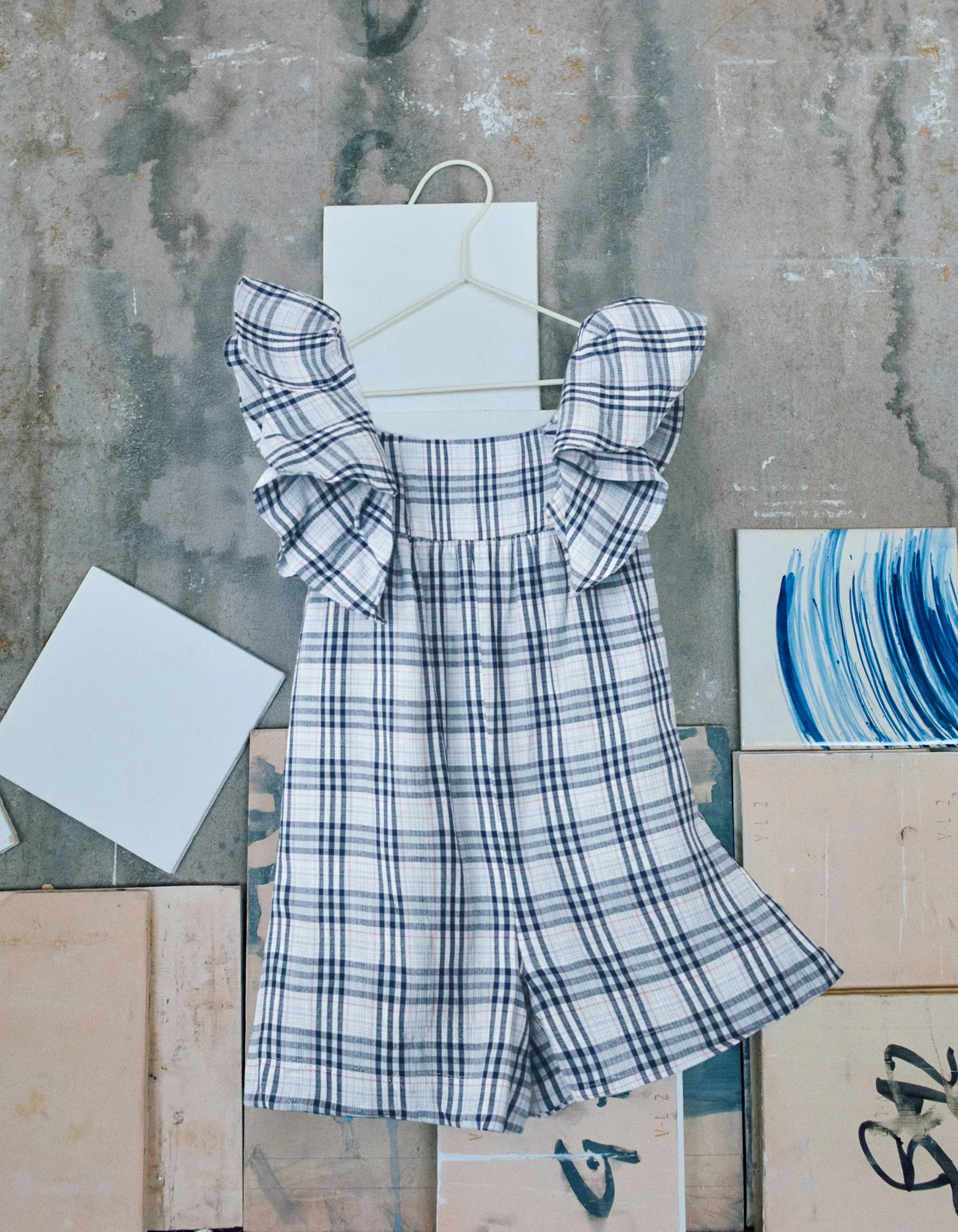 Cotton jumpsuit with checked pattern B&S for baby girls, blue