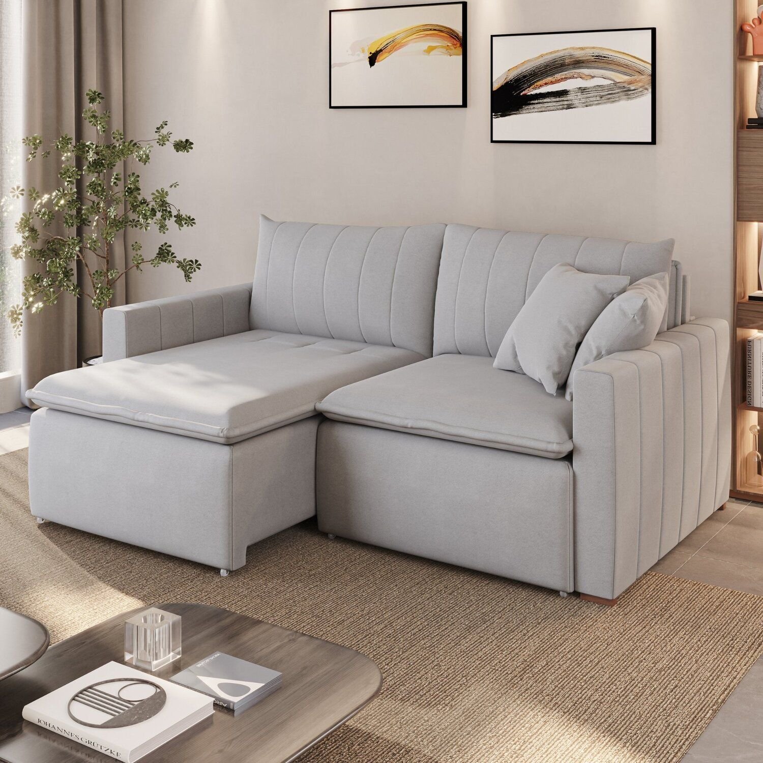 Sofá Cama Retrátil em Madeira Eucalipto e Linho 210cm Uruguai