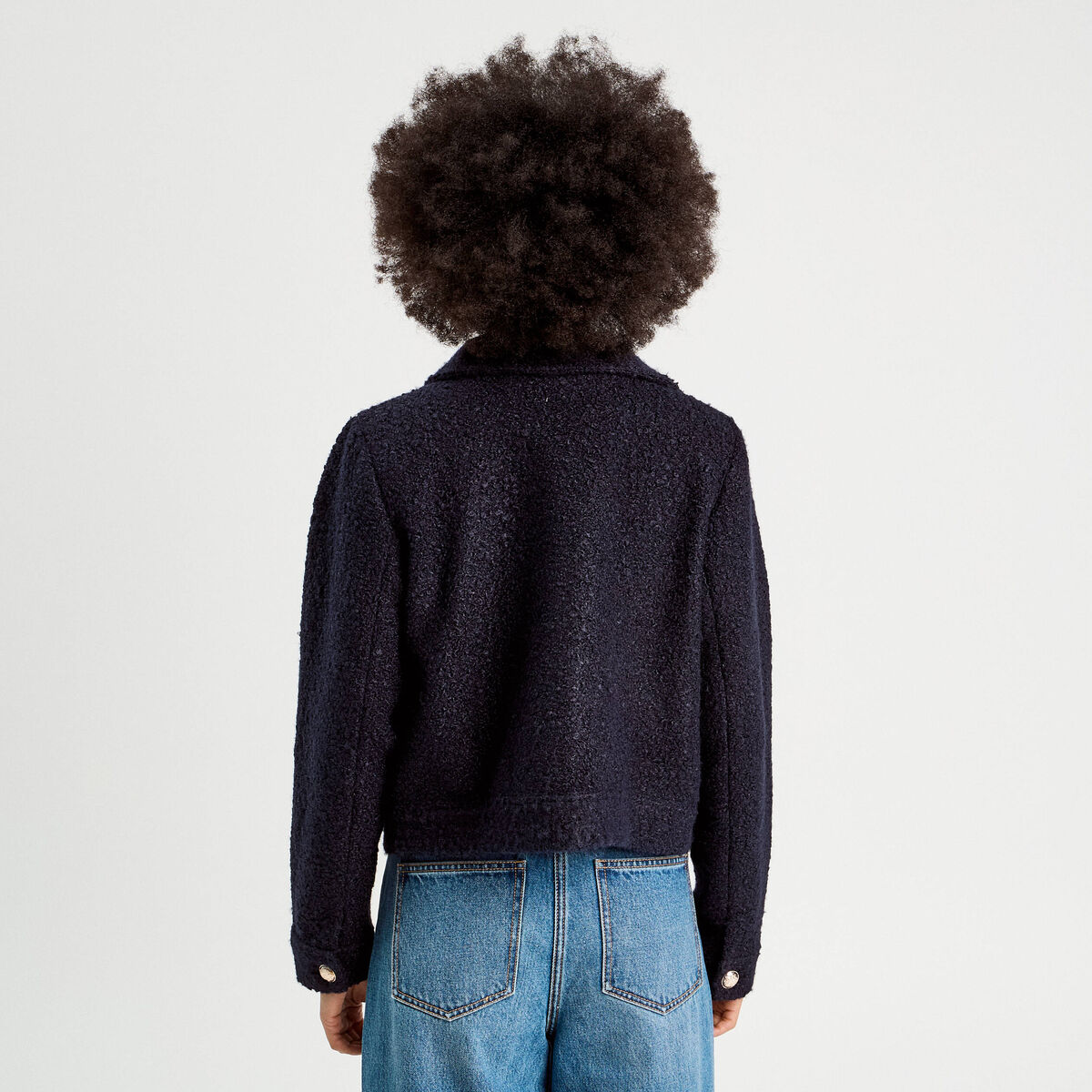 Veste boutonnée bouclette bleu marine femme