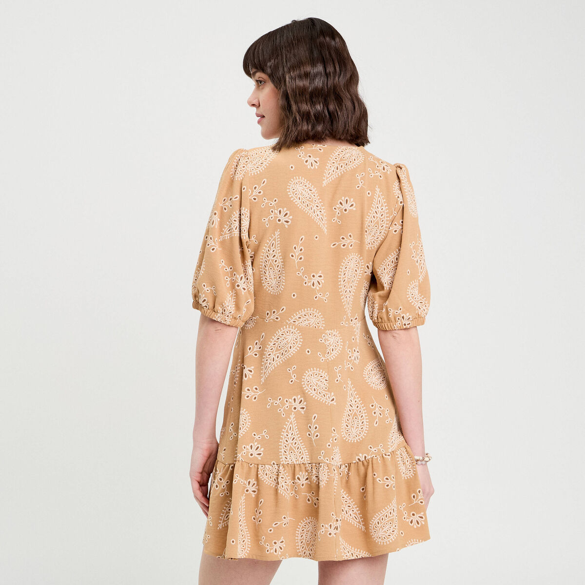 Robe évasée manches courtes camel femme