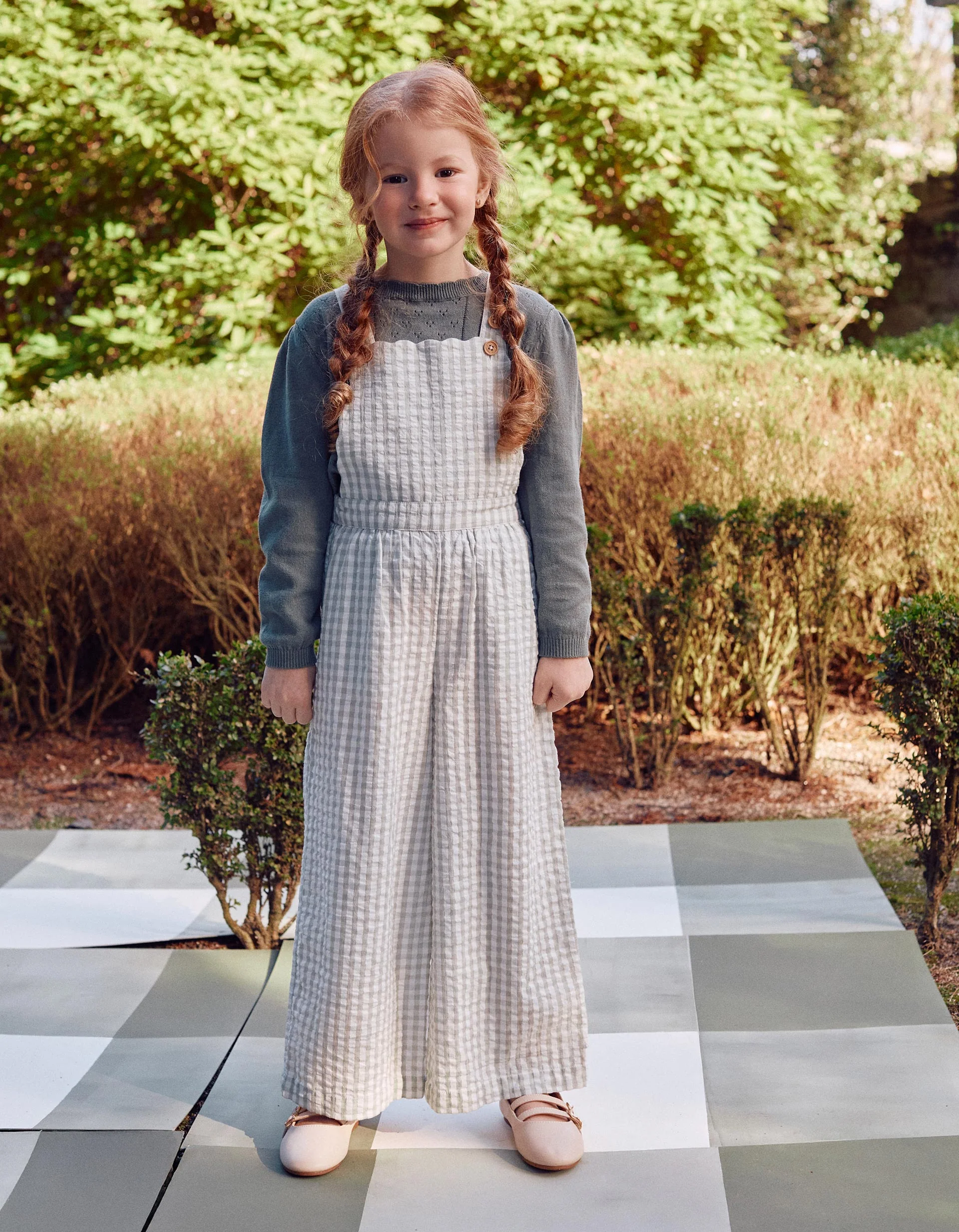 Cotton jumpsuit with Vichy pattern B&S for girls, white/light green
