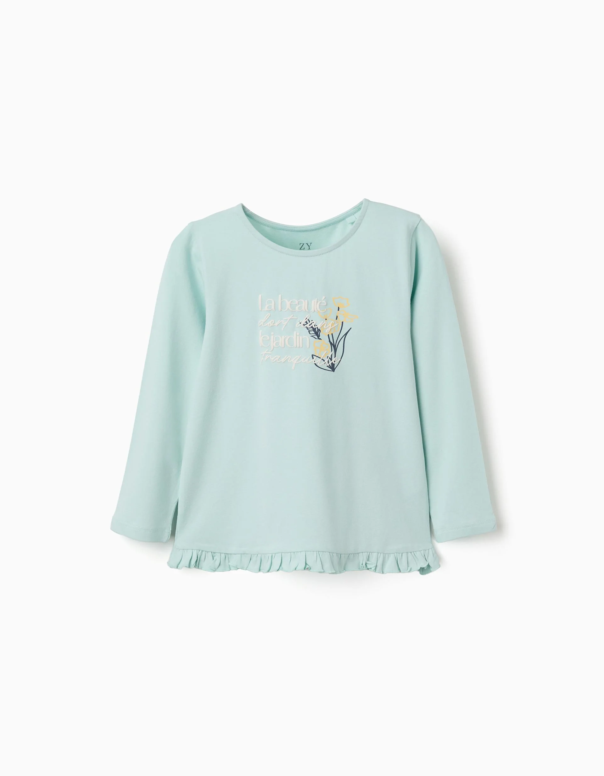 Long sleeve T-shirt with floral embossed print for girls, light blue