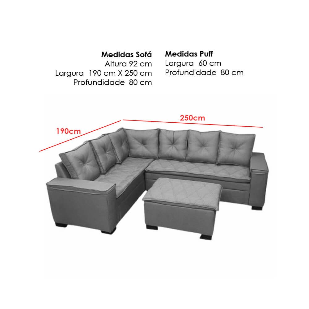 Sofá de Canto Florença 6 Lugares com Puff e Almofadas Soltas Tecido Linho União Cor Tijolo
