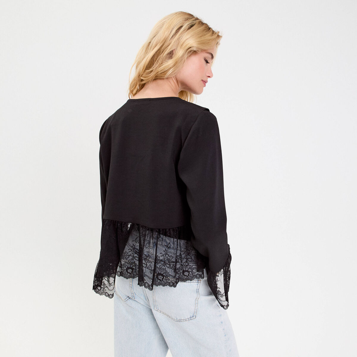 Blouse col V en dentelle noir femme