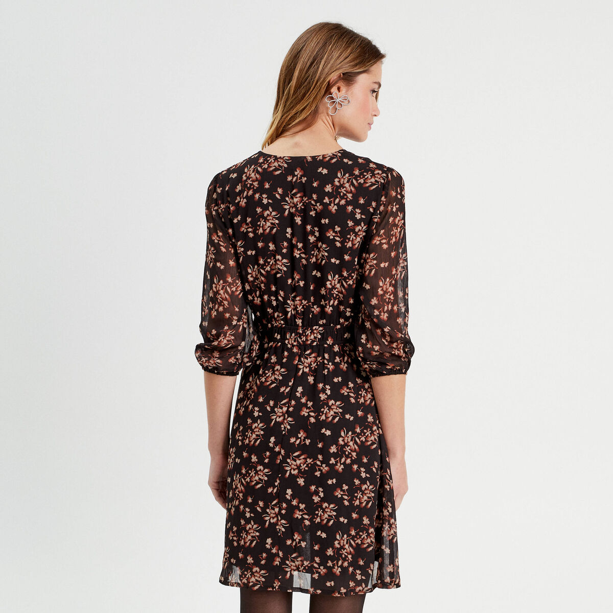 Robe évasée manches 3/4 noir femme