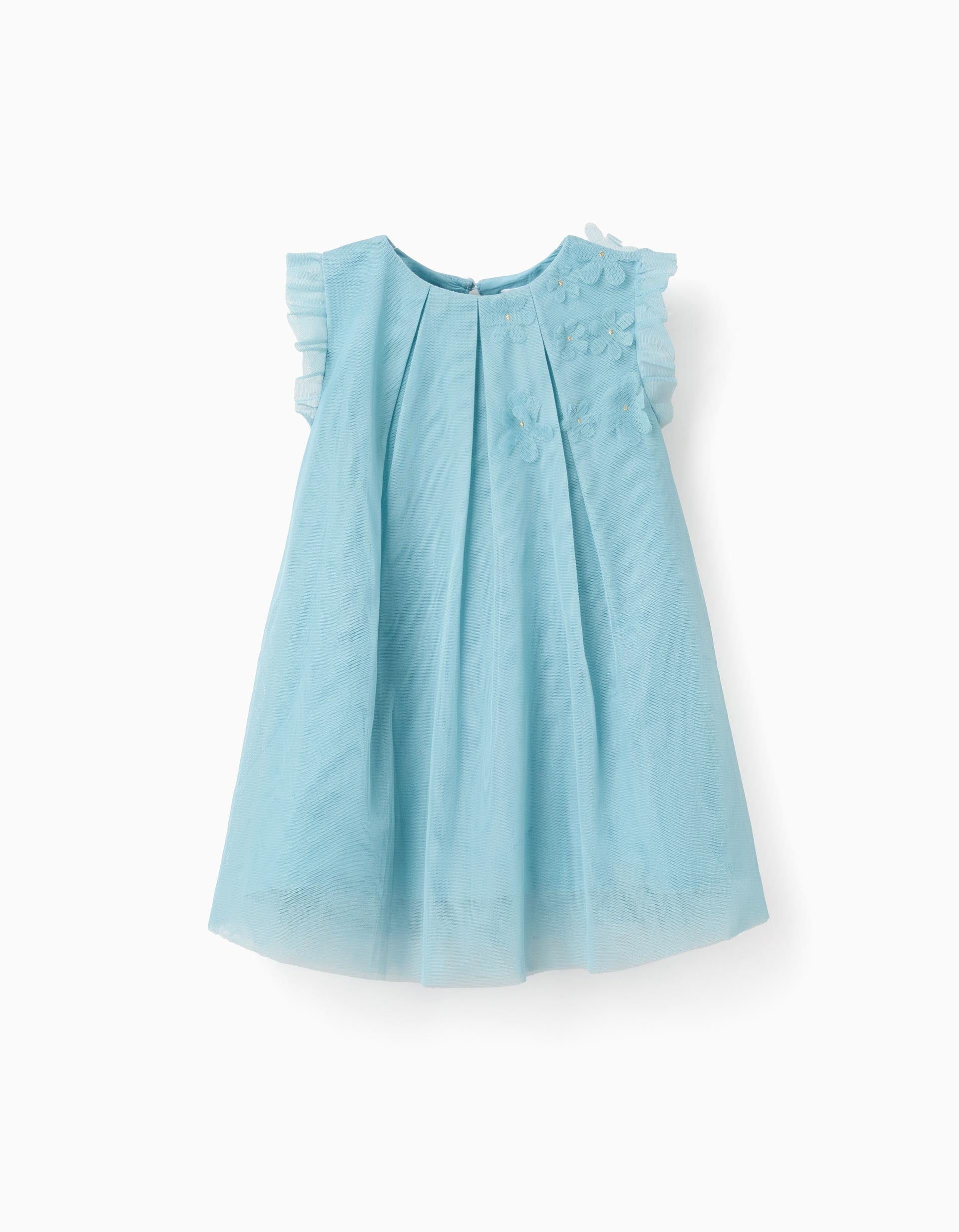 Sleeveless tulle dress with ruffles and flowers for baby girls, blue