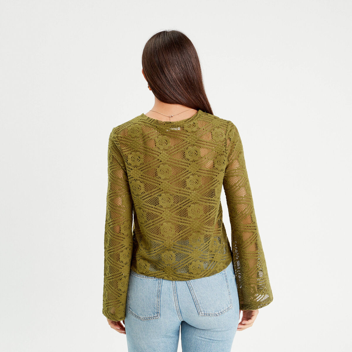 T-shirt ajouré manches pagodes vert olive femme