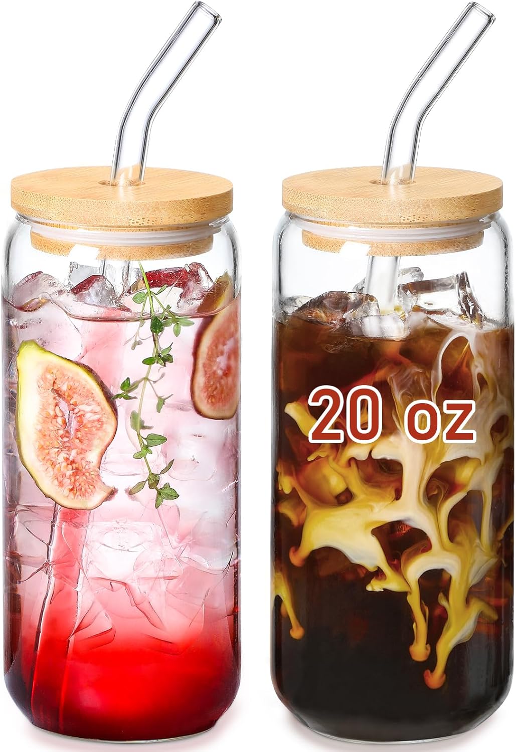 20 OZ Glass Cups with Bamboo Lids and Glass Straw - Beer Shaped Drinking Glasses Set  Iced Coffee Glasses  Cute Tumbler Cup  Aesthetic Coffee Bar Accessories  Gift - 2 Pack