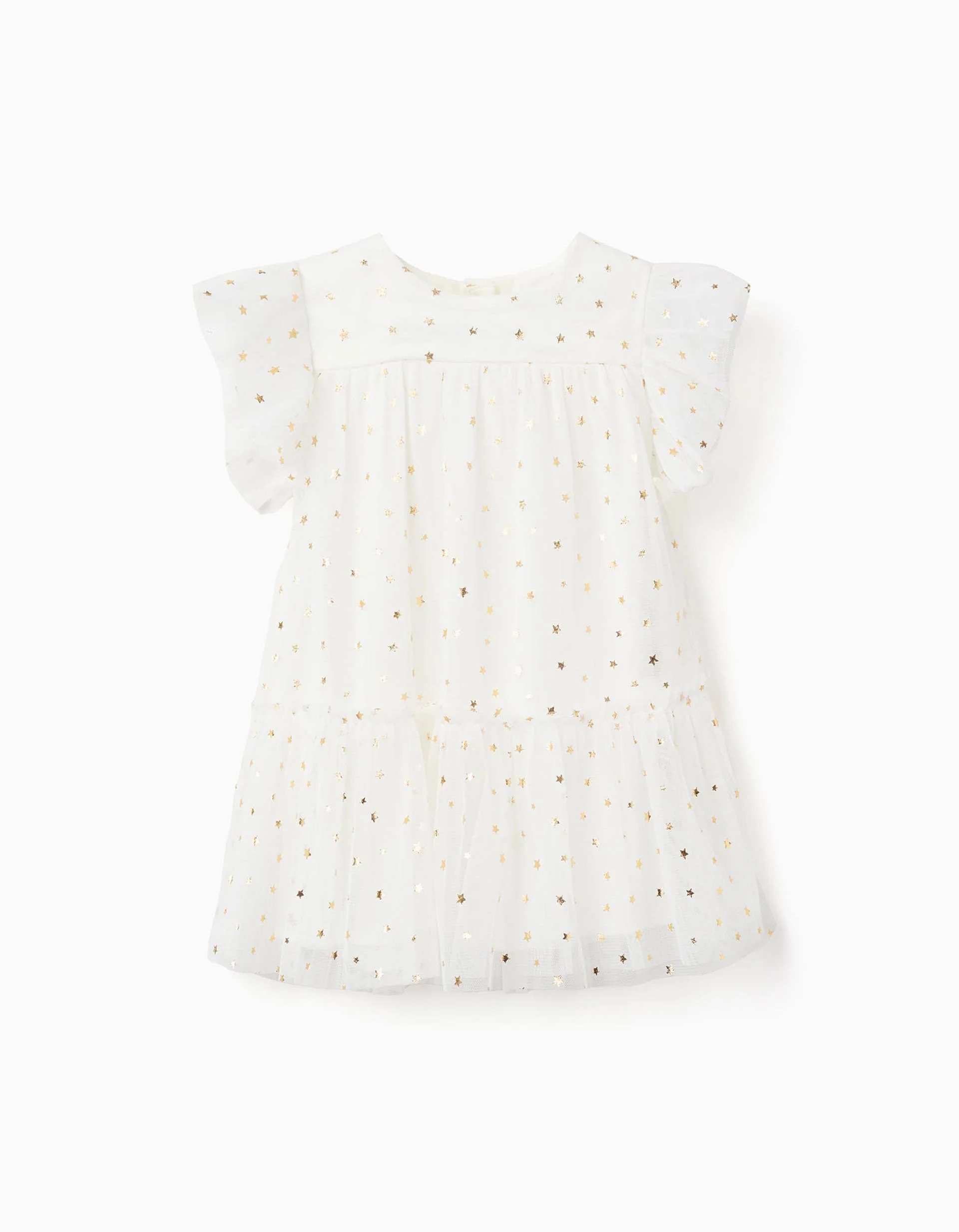 Sleeveless tulle dress with ruffles and stars for baby girls, white