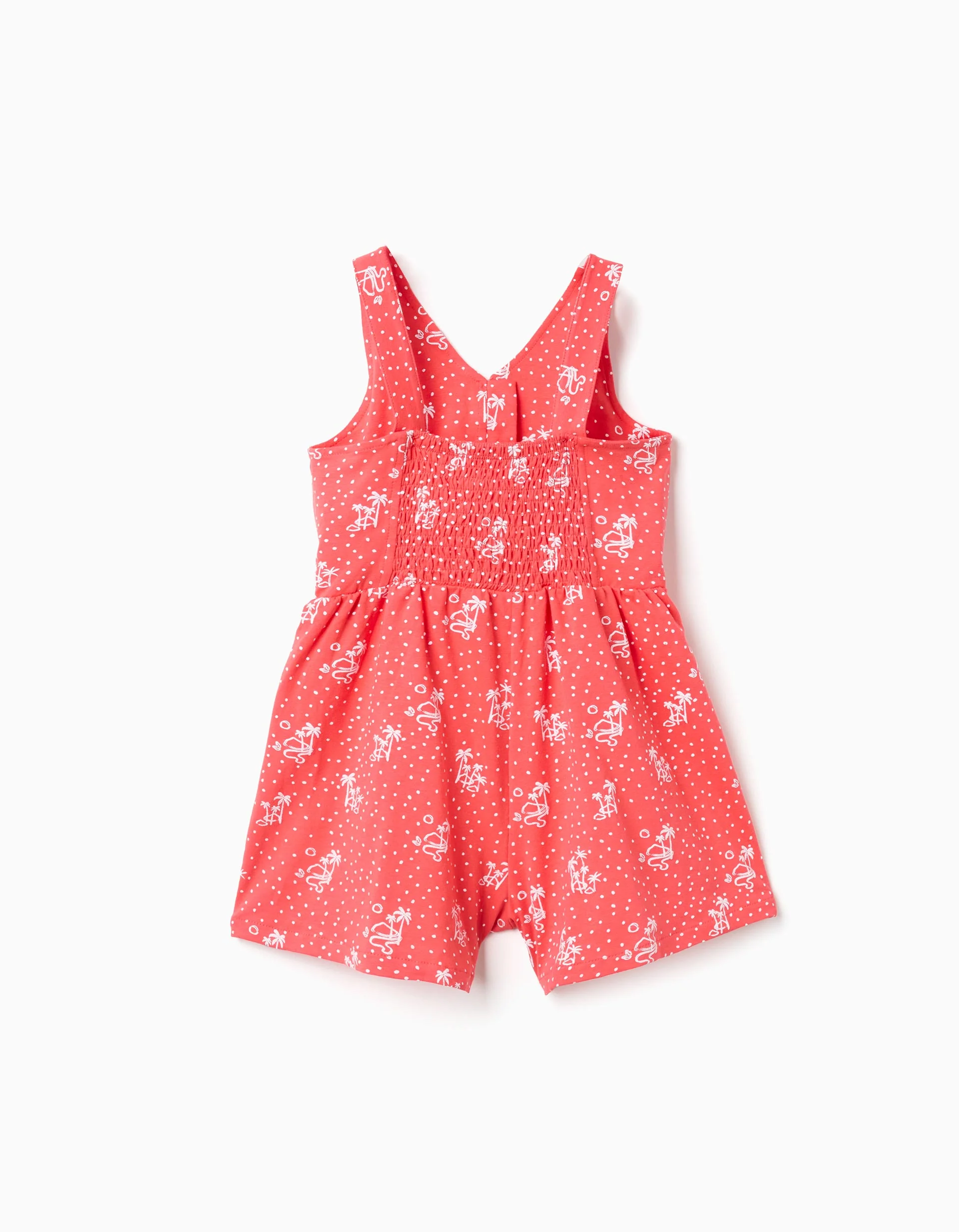 Sleeveless playsuit with print and ruffles for girls, coral
