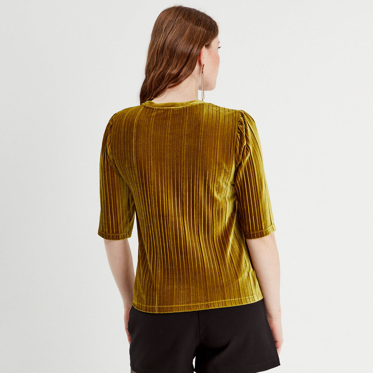 T-shirt velours plissé vert olive femme