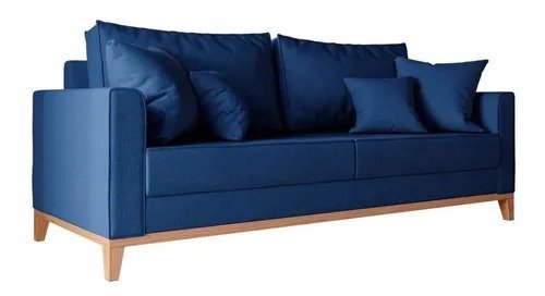 Sofá 3 Lugares Beny Base de Madeira Linho Azul Marinho
