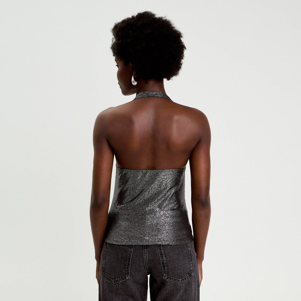 Top ajusté sans manches col bénitier gris argent femme