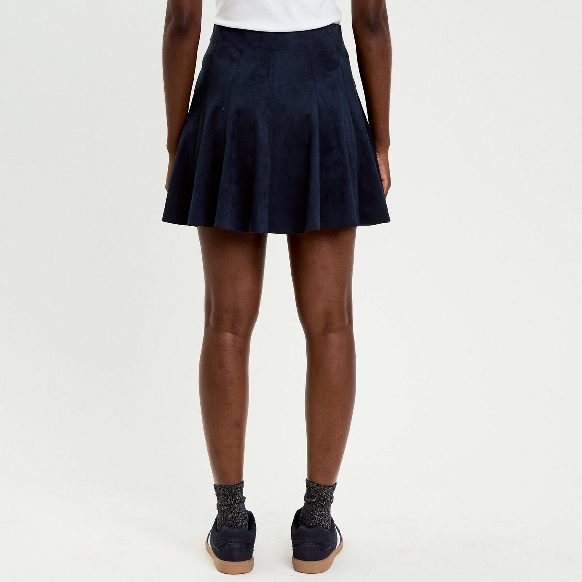 Jupe courte évasée aspect daim bleu marine femme