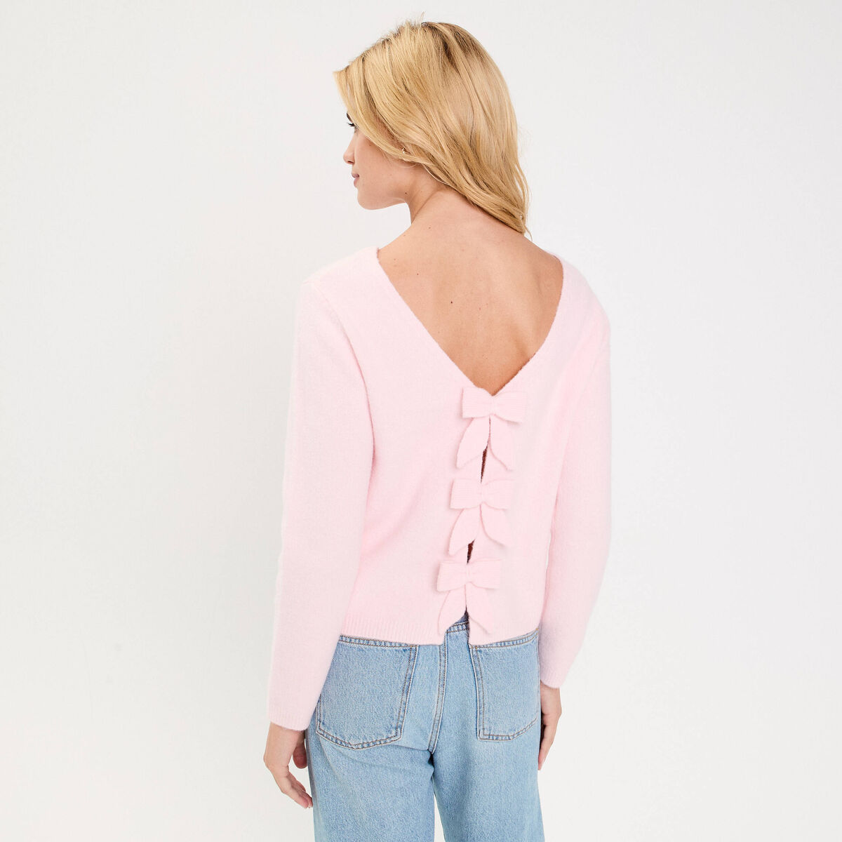 Pull décolleté dos avec noeuds rose clair femme