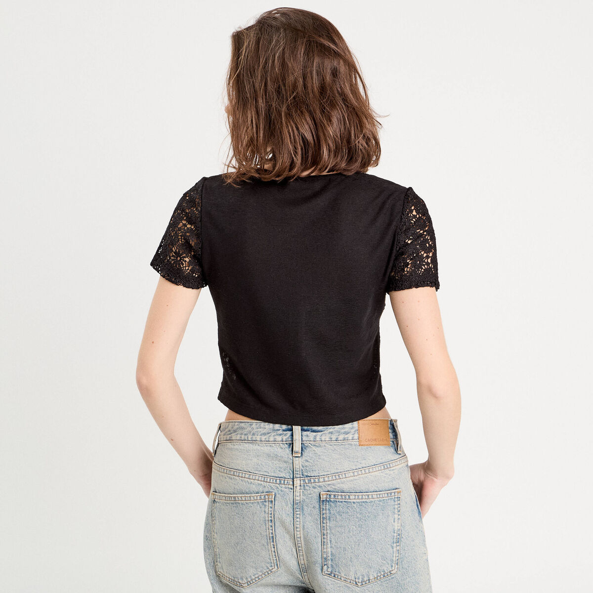 Top macramé boutonné noir femme