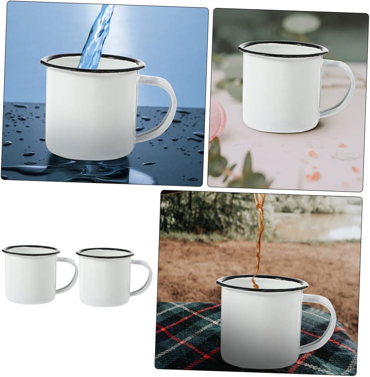 2-Piece White Enamel Water Cup Set 4Oz Thickened Vintage Retro Iron Mugs for Kitchen Dining Coffee Tea
