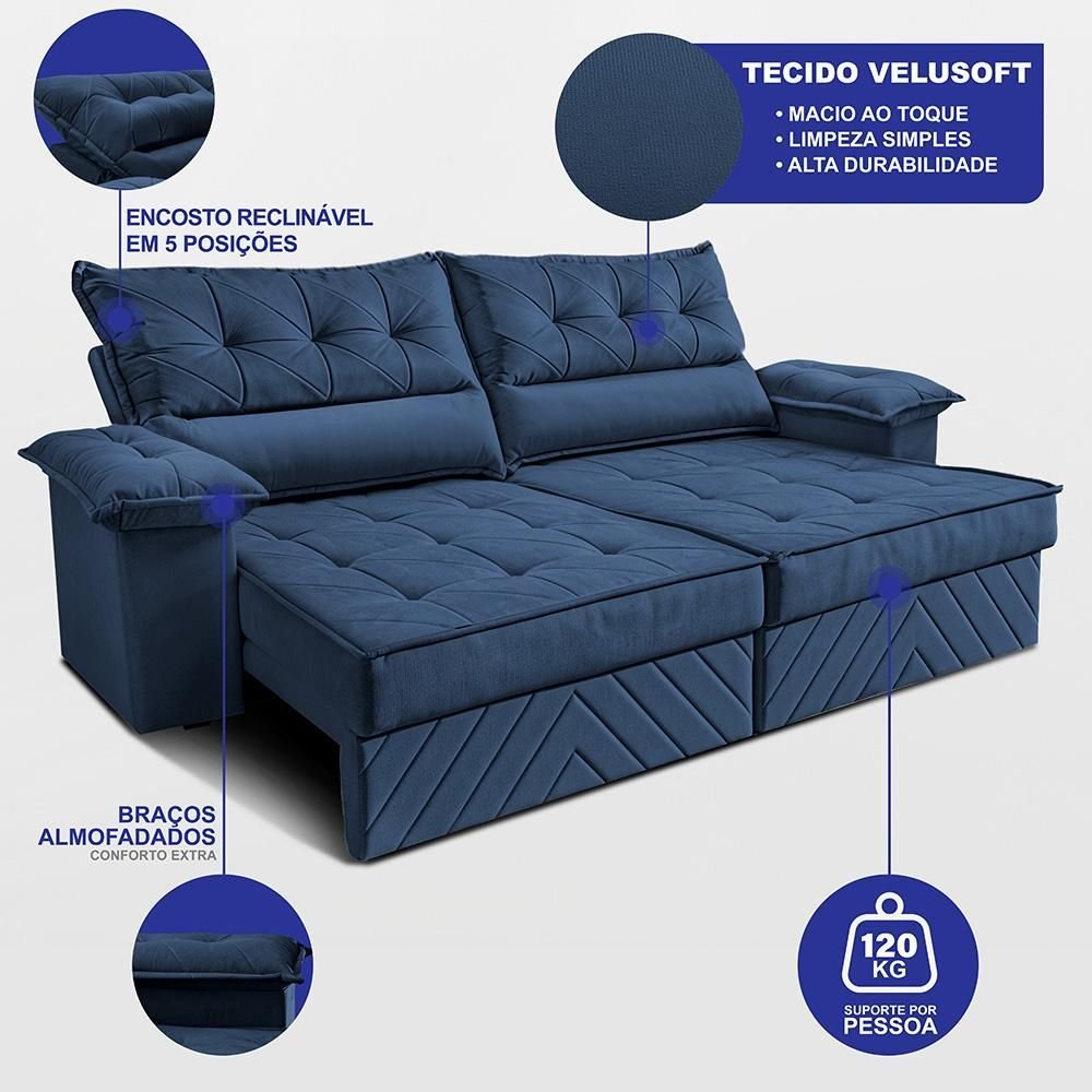 Sofá Retrátil e Reclinável 2,10m com Molas e Espuma D33 Thunder Velusoft Azul Cama Inbox