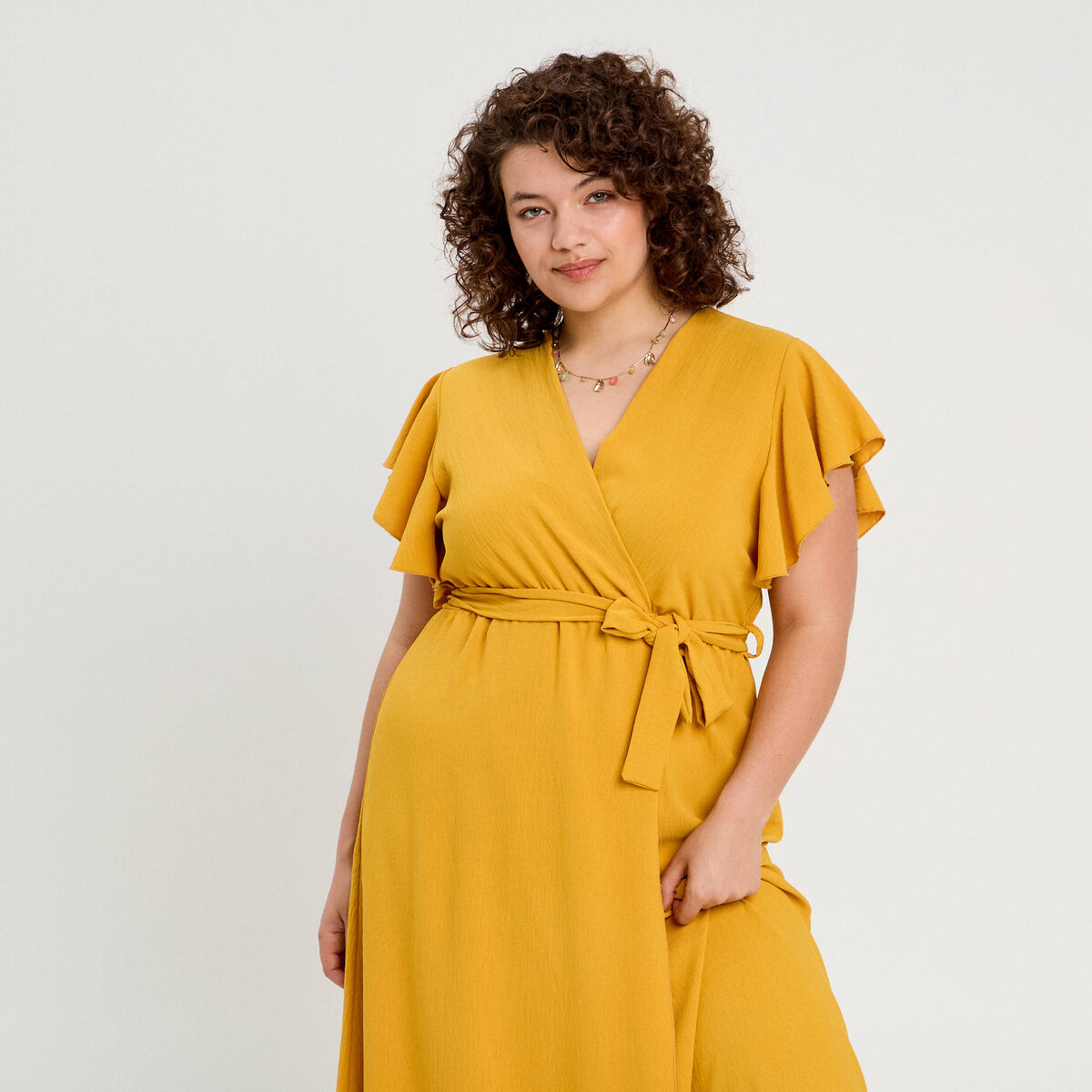 Robe longue évasée cache-coeur jaune femme
