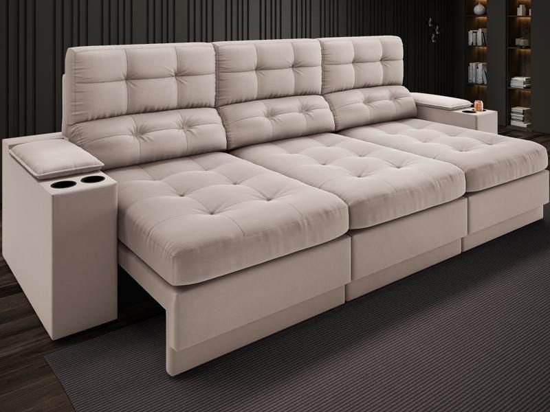 Sofá com Porta Copos e Carregador Usb Eureka 2,30m Assento Retrátil e Reclinável Velosuede Bege