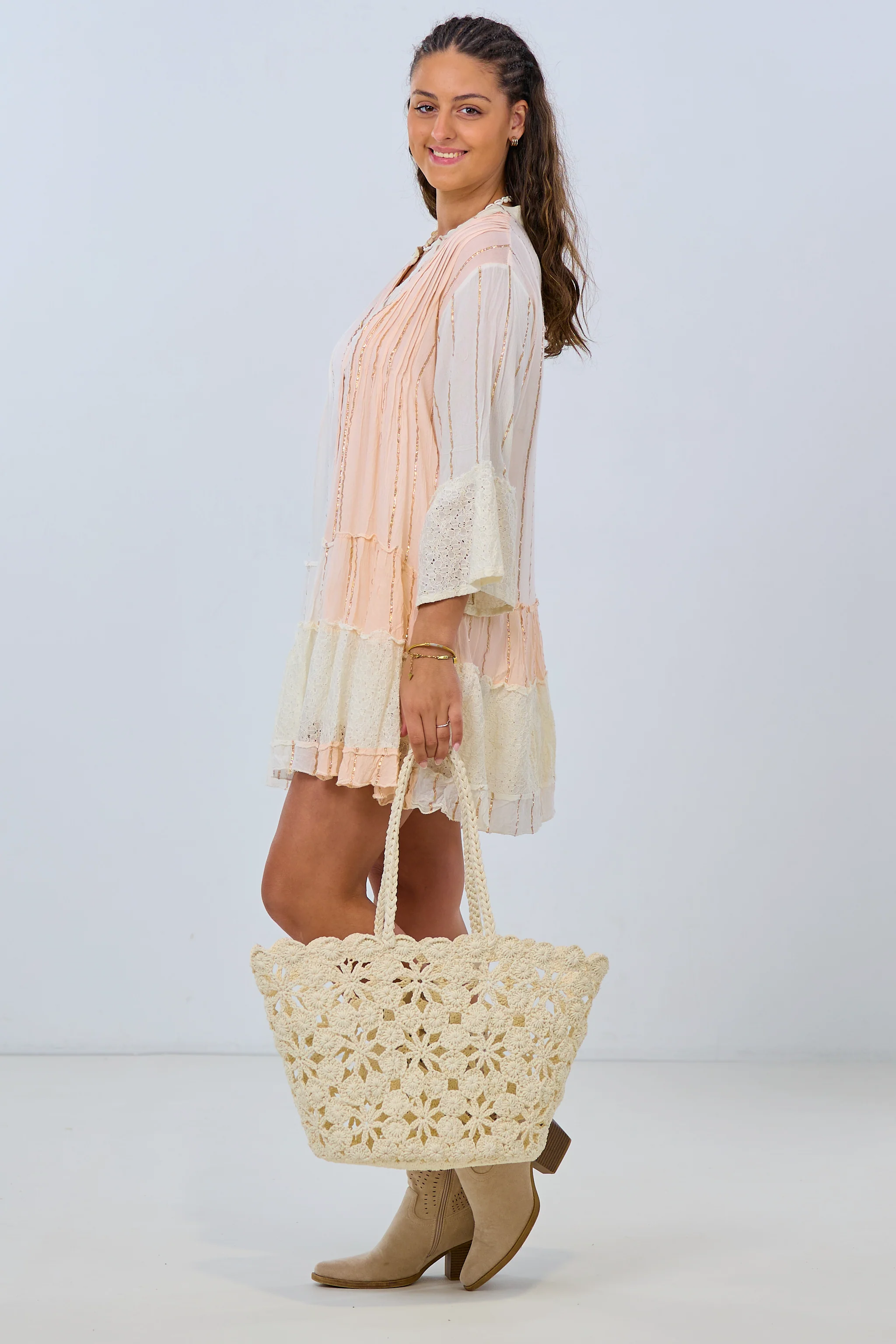 Tunika/Kleid mit V-Ausschnitt und Spitze, apricot-creme