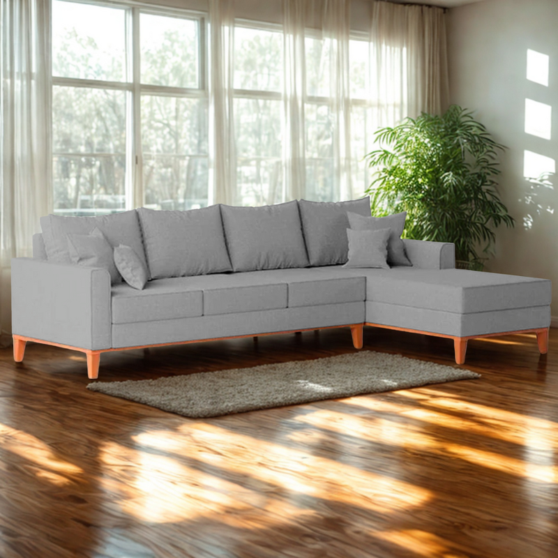 Sofá 4 Lugares Beny com Chaise Direito Linho Cinza