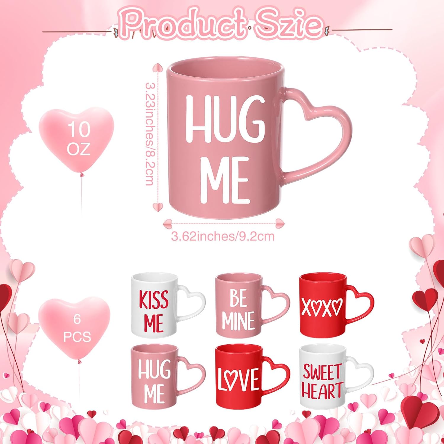 Valentines Coffee Mug Set of 6  10 oz Valentines Mugs with Handle Pink Red White Ceramic Enamel Cups for Gift Party Supplies