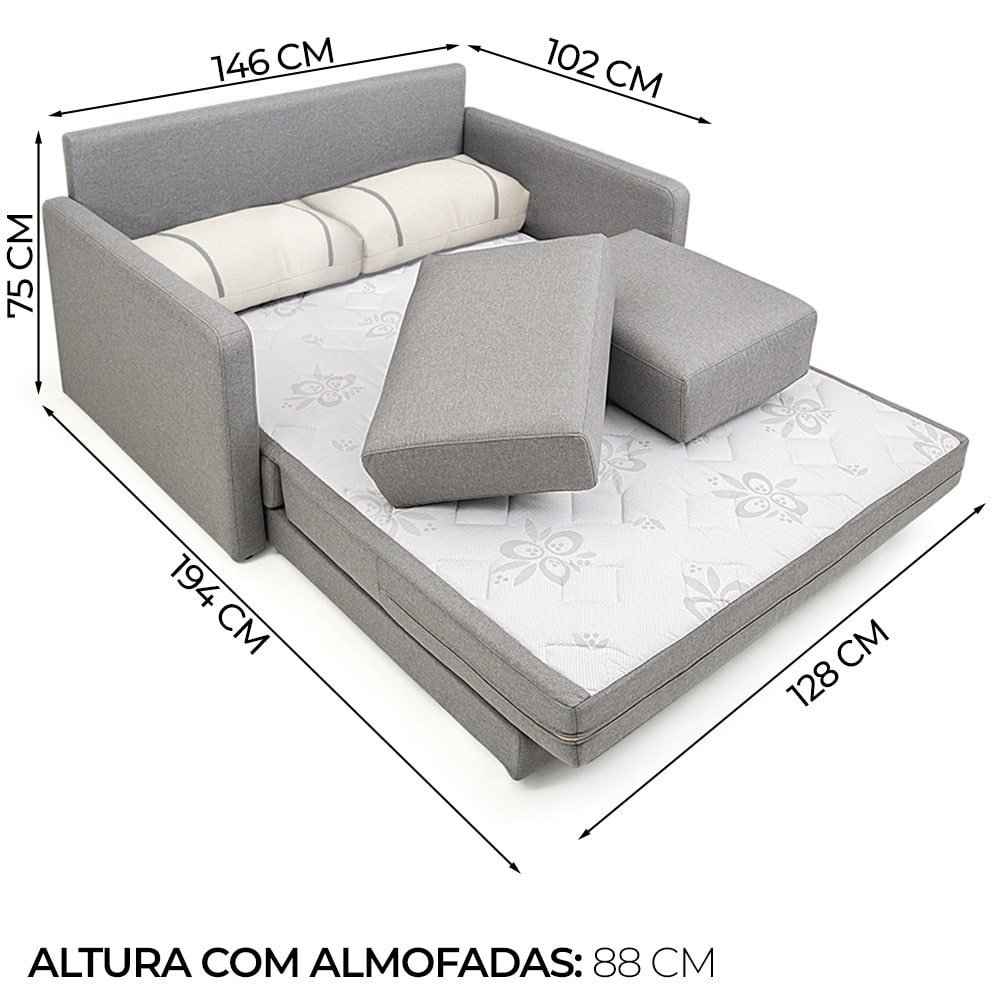 Sofá Cama Casal 2 Lugares Herval Aurora Linho Premium 146x194x75cm