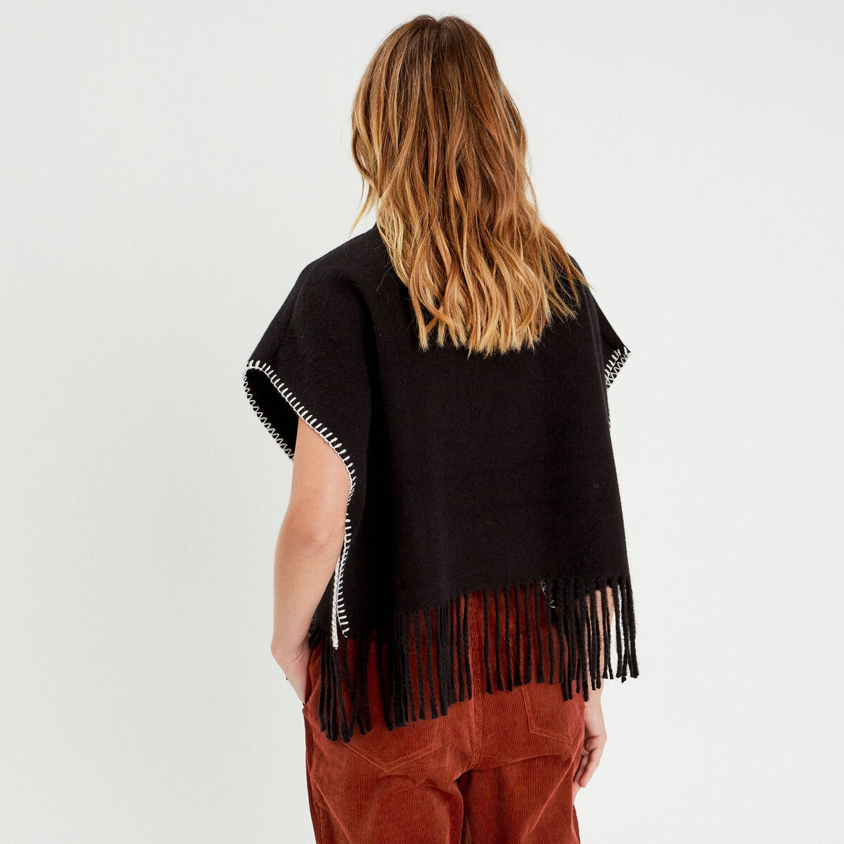 Poncho avec franges noir femme