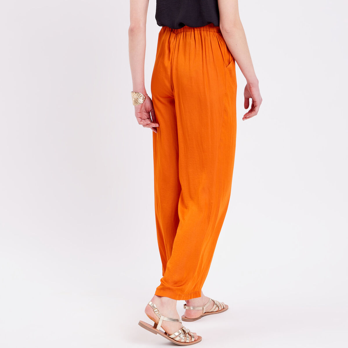 Pantalon city large satin orange femme