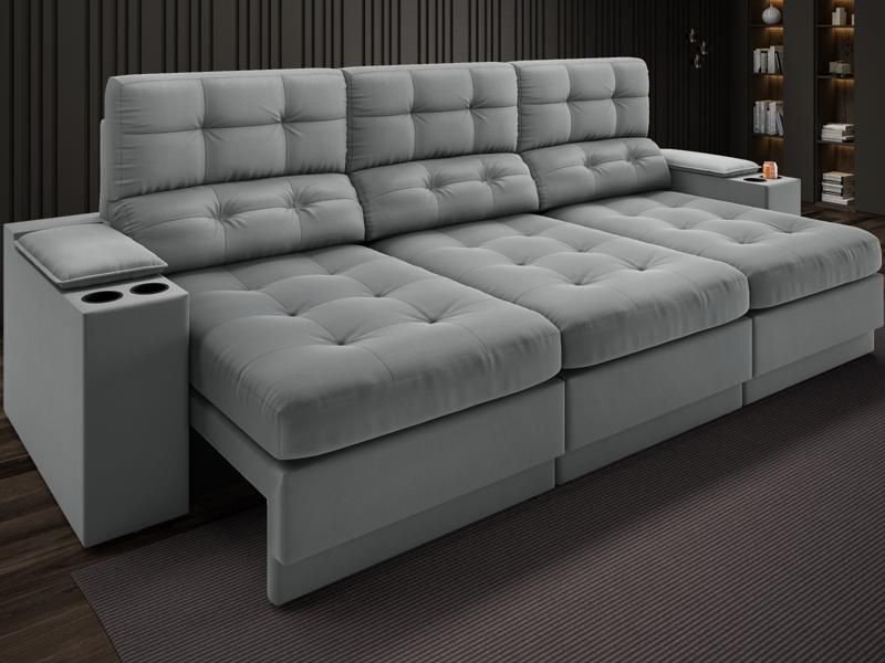 Sofá com Porta Copos e Carregador Usb Eureka 2,30m Assento Retrátil e Reclinável Velosuede Cinza