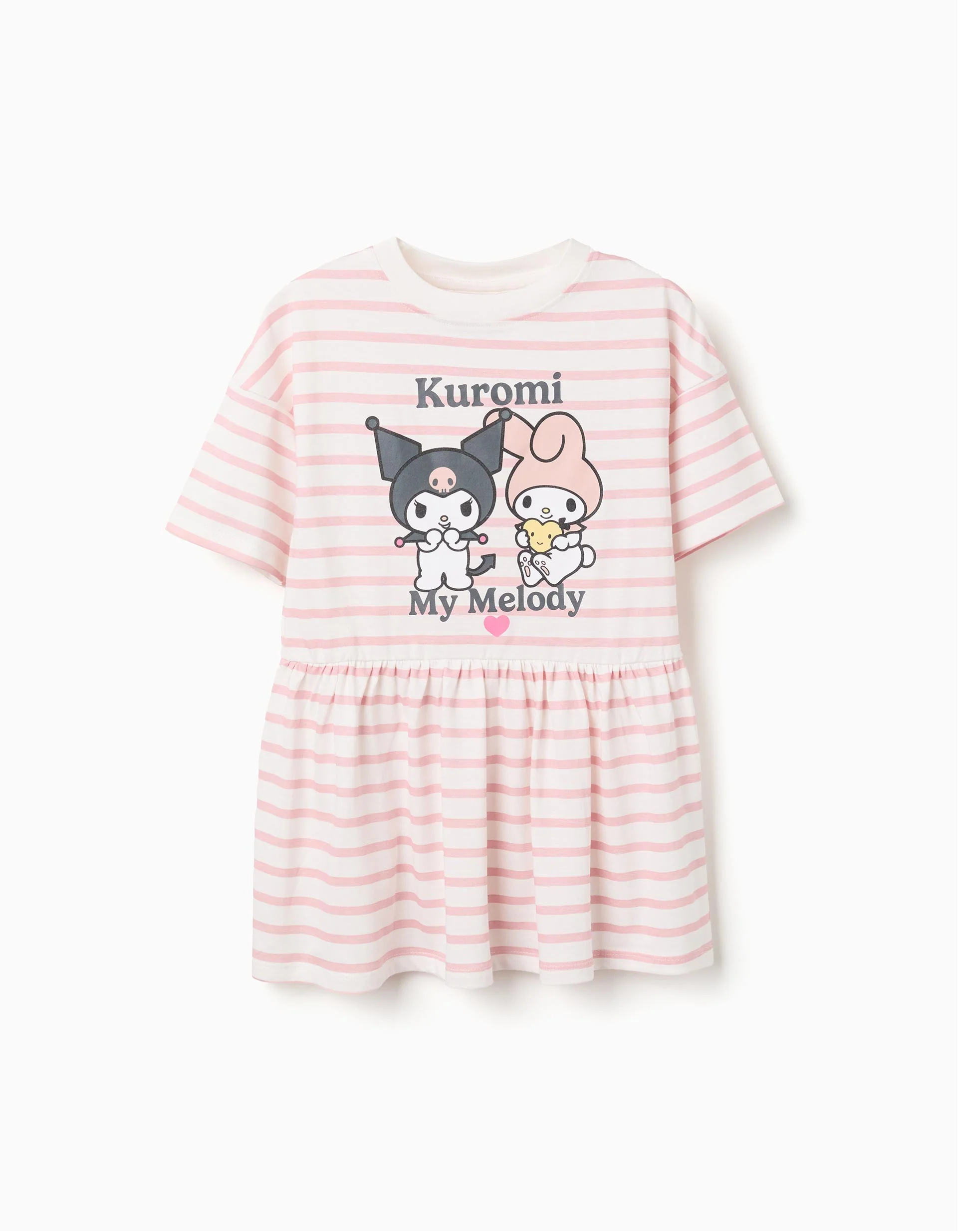 Striped cotton dress with Kuromi print for girls, white/pink