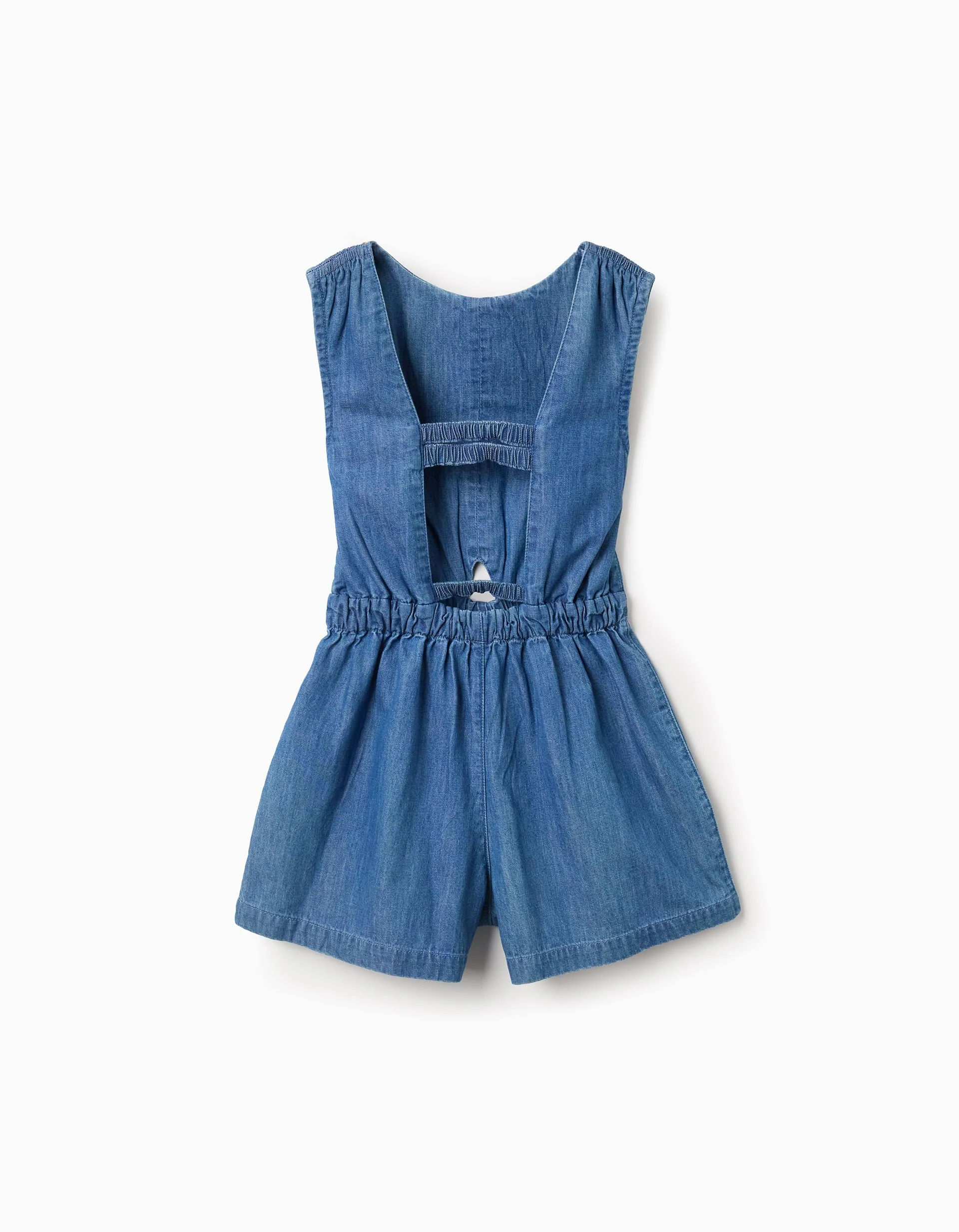 Denim playsuit with elasticated waistband and cut-out for girls, blue