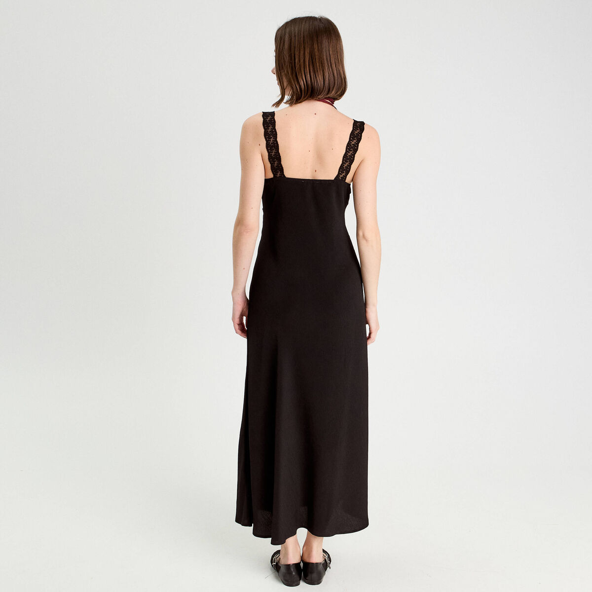 Robe longue évasée noir femme