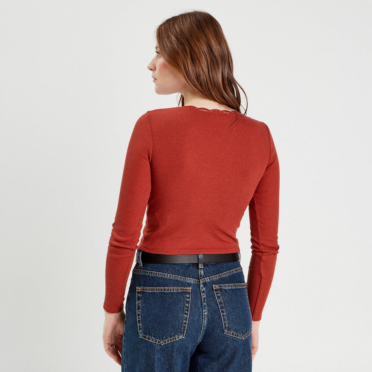 T-shirt cropped côtelé marron femme