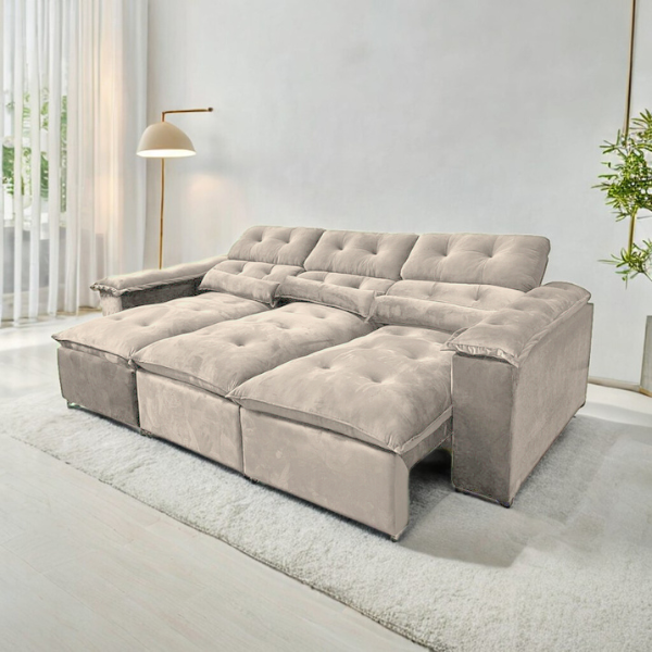 Sofá Retrátil e Reclinável 2,75m em Tecido Veludo C/ Pillow Nos Braços - Montagem Inclusa:bege